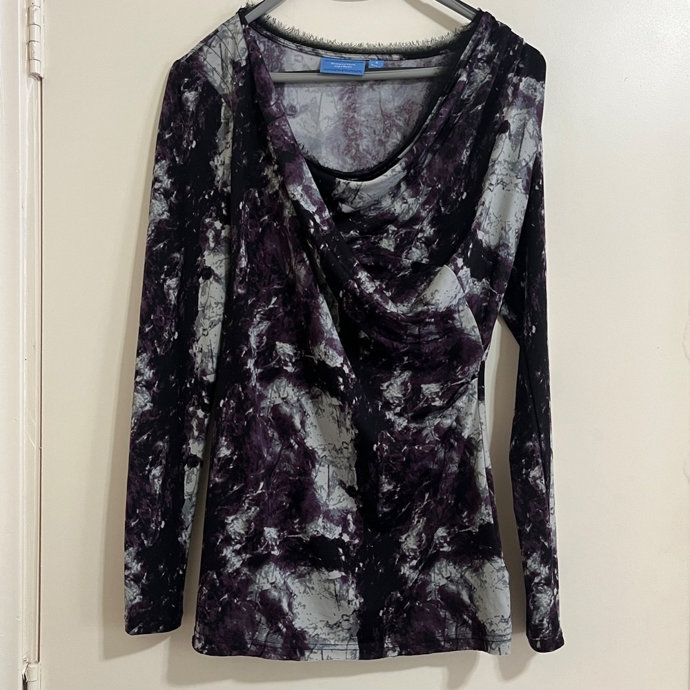 Simply Vera Wang Women Draped Neck Top Small Abstract Mesh Trim Dark Academia